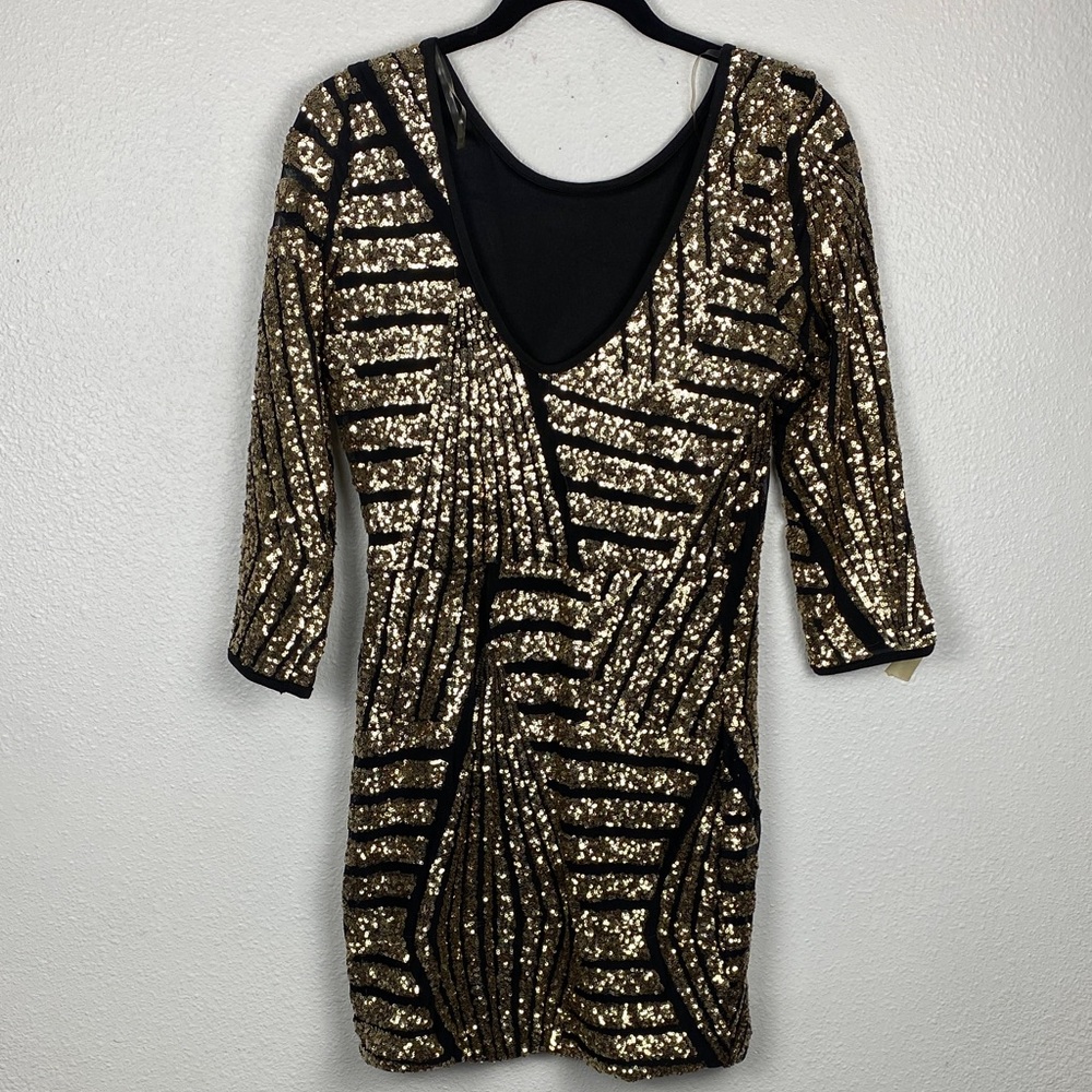 Gold Sequin Bodycon Dress with Black Accents - Picture 6 of 16